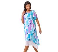 Roman Originals Abstract Print Double Layer Shift Dress for Women UK - Ladies Everyday Holiday Spring Summer Round Neckline Comfy Soft Evening Vacation Work Party - Turquoise - Size 14