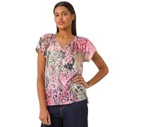 Roman Originals Abstract Print Hanky Hem Stretch Top for Women UK - Ladies Everyday Holiday Spring Summer V-Neckline Comfy Soft Evening Vacation Work Party - Khaki Paisley - Size 10