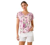 Roman Originals Abstract Print Hanky Hem Stretch Top for Women UK - Ladies Everyday Holiday Spring Summer V-Neckline Comfy Soft Evening Vacation Work Party - Pink - Size 10