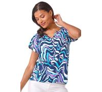 Roman Originals Abstract Print Hanky Hem Stretch Top for Women UK - Ladies Everyday Holiday Spring Summer V-Neckline Comfy Soft Evening Vacation Work Party - Blue - Size 16