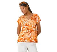 Roman Originals Abstract Print Hanky Hem Stretch Top for Women UK - Ladies Everyday Holiday Spring Summer V-Neckline Comfy Soft Evening Vacation Work Party - Orange - Size 20