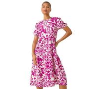 Roman Originals Abstract Print Midi Shirt Dress for Women UK - Ladies Everyday Holiday Spring Summer Round Neckline Comfy Soft Evening Vacation Work Party - Magenta - Size 10