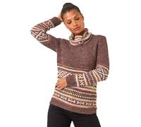 Roman Originals Abstract Print Roll Neck Knit Jumper for Women UK - Ladies Everyday Autumn Winter Comfy Soft Evening Vacation Work Party Night Out - Brown - Size 18