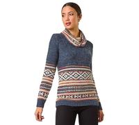 Roman Originals Abstract Print Roll Neck Knit Jumper for Women UK - Ladies Everyday Autumn Winter Comfy Soft Evening Vacation Work Party Night Out - Midnight Blue - Size 12
