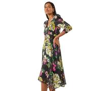 Roman Originals Abstract Print Wrap Midi Dress for Women UK - Ladies Everyday Holiday Autumn Winter Pull-On V-Neck 3/4 Sleeves Comfy Soft Vacation Work - Noir - Size 14