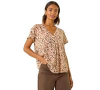 Roman Originals Abstract Spot Print V-Neck Tunic Top for Women UK - Ladies Everyday Holiday Spring Summer V-Neckline Comfy Soft Evening Vacation Work Party - Natural Animal - Size 14