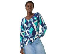 Roman Originals Abstract V-Neck Knit Jumper for Women UK - Ladies Everyday Autumn Winter V-Neckline Comfy Soft Evening Vacation Work Party Night Out - Blue - Size 18