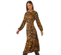 Roman Originals Animal Print Belt Detail Midi Dress for Women UK - Ladies Everyday Autumn Winter Round Neckline Comfy Soft Evening Vacation Work Party Night Out - Tan - Size 20