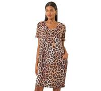 Roman Originals Animal Print Dress with Pockets for Women UK Ladies Leopard Print Tunic Shift Jersey Stretchy Slouch Smart Loose Cocoon Oversized Fit Casual V Neck Pull On - Brown - Size 20