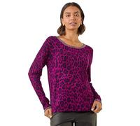 Roman Originals Animal Print Embellished Trim Jumper for Women UK - Ladies Everyday Autumn Winter Scoop Neckline Comfy Soft Evening Vacation Work Party Night Out - Magenta - Size 14