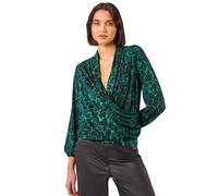 Roman Originals Animal Print Stretch Wrap Top for Women UK - Ladies Everyday Autumn Winter V-Neckline Comfy Soft Evening Vacation Work Party Night Out - Dark Green - Size 18
