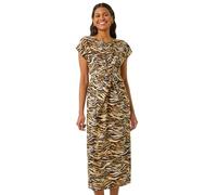 Roman Originals Animal Print Twist Midi Dress for Women UK - Ladies Everyday Holiday Spring Summer Round Neckline Comfy Soft Evening Vacation Work Party - Tan - Size 12