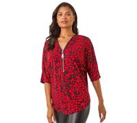 Roman Originals Animal Print Zip Front Stretch Top for Women UK - Ladies Everyday Autumn Winter V-Neckline Comfy Soft Evening Vacation Work Party Night Out - Red - Size 12