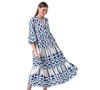 Roman Originals Aztec Print Tiered Midi Smock Dress for Women UK - Ladies Everyday Holiday Spring Summer Notch Neckline Comfy Soft Evening Vacation Work Party - Navy - Size 16