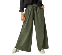 Roman Originals Baby Corduroy Wide Leg Trousers for Women UK - Ladies Everyday Autumn Winter Round Neckline Comfy Soft Evening Vacation Work Party Night Out - Khaki - Size M