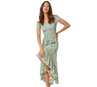 Roman Originals Bardot Dress for Women UK Ladies Shirred Chest Off Shoulder Cold Shoulder Maxi Midi Summer Beach Holiday Sleeveless Garden Cocktail Party Elasticated - Mint & White - Size 14