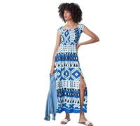 Roman Originals Bardot Dress for Women UK Ladies Shirred Chest Off Shoulder Cold Shoulder Maxi Midi Summer Beach Holiday Sleeveless Garden Cocktail Party Elasticated - Blue Black White - Size 10