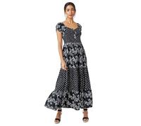 Roman Originals Bardot Dress for Women UK Ladies Shirred Chest Off Shoulder Cold Shoulder Maxi Midi Summer Beach Holiday Sleeveless Garden Cocktail Party Elasticated - Black & Grey - Size 14