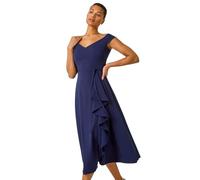 Roman Originals Bardot Ruffle Wrap Dress for Women UK - Ladies Everyday Holiday Spring Summer Comfy Soft Evening Vacation Work Party - Navy - Size 12