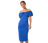 Roman Originals Bardot Stretch Midi Dress for Women UK - Ladies Everyday Autumn Winter Comfy Soft Evening Vacation Work Party Night Out - Blue - Size 14