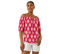 Roman Originals Bardot Top Off Shoulder Blouse for Women UK - Ladies Floral Print Shirt Palm Leaf Tropical Ditsy Cold Shoulder Jersey Frill Cuff Summer Spring Holiday - Pink Yellow - Size 18