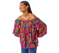Roman Originals Bardot Top Off Shoulder Blouse for Women UK - Ladies Floral Print Shirt Palm Leaf Tropical Ditsy Cold Shoulder Jersey Frill Cuff Summer Spring Holiday - Orange Floral - Size 16