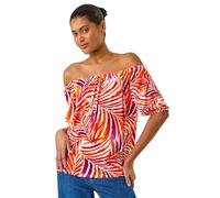 Roman Originals Bardot Top Off Shoulder Blouse for Women UK - Ladies Floral Print Shirt Palm Leaf Tropical Ditsy Cold Shoulder Jersey Frill Cuff Summer Spring Holiday - Red Floral - Size 10