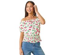 Roman Originals Bardot Top Off Shoulder Blouse for Women UK - Ladies Floral Print Shirt Palm Leaf Tropical Ditsy Cold Shoulder Jersey Frill Cuff Summer Spring Holiday - Petite Cherry Red - Size 14