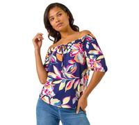 Roman Originals Bardot Top Off Shoulder Blouse for Women UK - Ladies Floral Print Shirt Palm Leaf Tropical Ditsy Cold Shoulder Jersey Frill Cuff Summer Spring Holiday - Navy Floral - Size 12