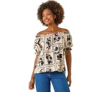 Roman Originals Bardot Top Off Shoulder Blouse for Women UK - Ladies Floral Print Shirt Palm Leaf Tropical Ditsy Cold Shoulder Jersey Frill Cuff Summer Spring Holiday - Noir - Size 18