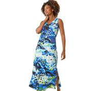 Roman Originals Bias Linen Mix Midi Dress for Women UK - Ladies Everyday Holiday Spring Summer V-Neckline Comfy Soft Evening Vacation Work Party - Blue - Size 18