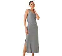 Roman Originals Bias Linen Mix Midi Dress for Women UK - Ladies Everyday Holiday Spring Summer V-Neckline Comfy Soft Evening Vacation Work Party - Grey - Size 12