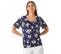 Roman Originals Blouson Top for Women Ladies Bubble Hem Stretchy Jersey Puff Sleeve Summer Smart Casual Office Work Spring Everyday Evening Vacation Work Holiday V Neck - Navy Floral - Size 16