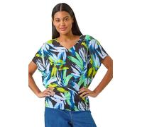 Roman Originals Blouson Top for Women Ladies Bubble Hem Stretchy Jersey Puff Sleeve Summer Smart Casual Office Work Spring Everyday Evening Vacation Work Holiday V Neck - Abstract Navy Blue - Size 18