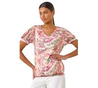 Roman Originals Blouson Top for Women Ladies Bubble Hem Stretchy Jersey Puff Sleeve Summer Smart Casual Office Work Spring Everyday Evening Vacation Work Holiday V Neck - Red Animal - Size 20