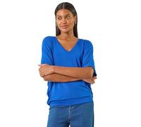 Roman Originals Blouson Top for Women Ladies Bubble Hem Stretchy Jersey Puff Sleeve Summer Smart Casual Office Work Spring Everyday Evening Vacation Work Holiday V Neck - Royal Blue - Size 12
