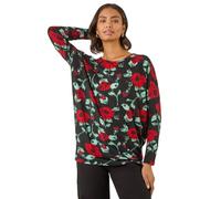 Roman Originals Blouson Top for Women UK Ladies Drop Shoulder Long Sleeve Jersey Stretchy Oversized Casual Office Jumper Soft Everyday Sweater Lounge Sweatshirt Blouses - Red Floral - Size 20