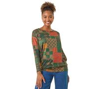 Roman Originals Blouson Top for Women UK Ladies Drop Shoulder Long Sleeve Jersey Stretchy Oversized Casual Office Jumper Soft Everyday Sweater Lounge Sweatshirt Blouses - Green Multi - Size 14