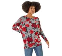 Roman Originals Blouson Top for Women UK Ladies Drop Shoulder Long Sleeve Jersey Stretchy Oversized Casual Office Jumper Soft Everyday Sweater Lounge Sweatshirt Blouses - Red Grey - Size 18