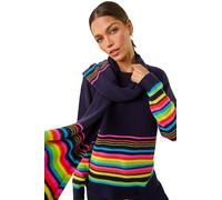 Roman Originals Border Stripe Scarf Knit Jumper for Women UK - Ladies Everyday Autumn Winter Round Neckline Comfy Soft Evening Vacation Work Party Night Out - Multi - Size 20