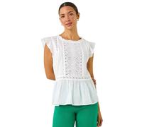 Roman Originals Broderie Anglaise Frill Sleeve Top for Women UK - Ladies Everyday Holiday Spring Summer Round Neckline Comfy Soft Evening Vacation Work Party - Ivory - Size 12