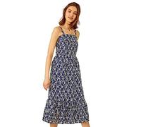 Roman Originals Broderie Detail Cotton Midi Dress for Women UK - Ladies Everyday Holiday Spring Summer Square Neckline Comfy Soft Evening Vacation Work Party - Navy - Size 14