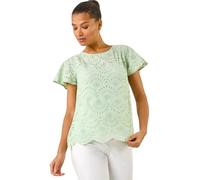 Roman Originals Broderie Short Sleeve Top for Women UK - Ladies Everyday Holiday Spring Summer Round Neckline Comfy Soft Evening Vacation Work Party - Green - Size 16