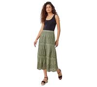 Roman Originals Broderie Tiered Stretch Midi Skirt for Women UK - Ladies Everyday Holiday Spring Summer Comfy Soft Evening Vacation Work Party - Khaki - Size 12