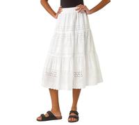Roman Originals Broderie Tiered Stretch Midi Skirt for Women UK - Ladies Everyday Holiday Spring Summer Comfy Soft Evening Vacation Work Party - Ivory - Size XL