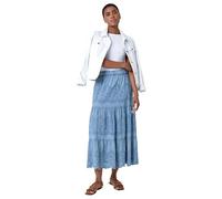 Roman Originals Broderie Tiered Stretch Midi Skirt for Women UK - Ladies Everyday Holiday Spring Summer Comfy Soft Evening Vacation Work Party - Denim - Size 14