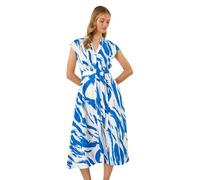 Roman Originals Brushstroke Linen Mix Midi Dress for Women UK - Ladies Everyday Holiday Spring Summer V-Neckline Comfy Soft Evening Vacation Work Party - Blue - Size 20