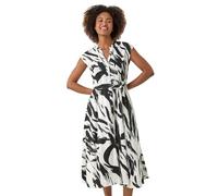 Roman Originals Brushstroke Linen Mix Midi Dress for Women UK - Ladies Everyday Holiday Spring Summer V-Neckline Comfy Soft Evening Vacation Work Party - Black - Size 12