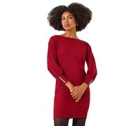 Roman Originals Button Detail Knitted Stretch Dress for Women UK - Ladies Everyday Autumn Winter Slash Neckline Comfy Soft Evening Vacation Work Party Night Out - Red - Size 18