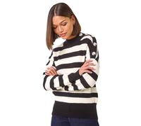 Roman Originals Button Shoulder Stripe Knit Jumper for Women UK - Ladies Everyday Autumn Winter Round Neckline Comfy Soft Evening Vacation Work Party Night Out - Black - Size 14